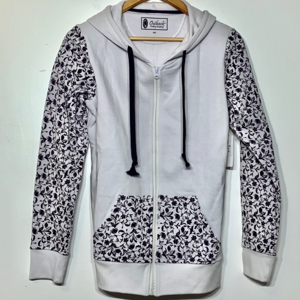 NWT Outback Trading Co. Zip Front Jacket White Purple Floral Trim‎ Size Medium